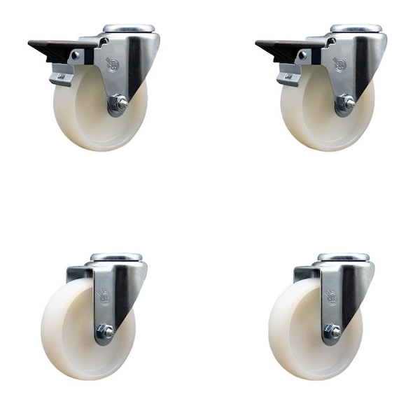 4'' Nylon Wheel Swivel Bolt Hole Caster Set with 2 Posi Lock Brakes, 4PK